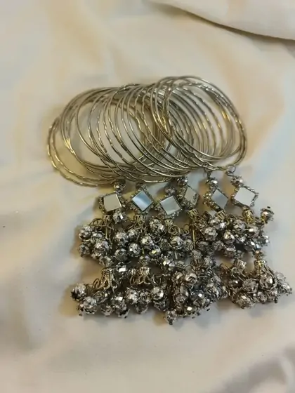 24 piece silver hanging kara bangles with mirror work at FB Collections